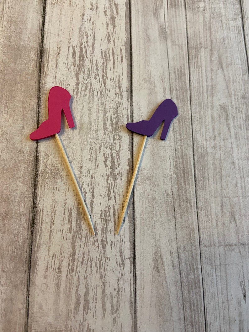 24 pink and purple high heel toothpicks,wedding shower, birthday decor, bachelorette, appetizer picks, food picks, cupcake toppers image 2