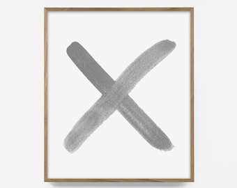 X cinza, estampa com pinceladas, estampa de beijo, arte de amor, arte em aquarela, arte minimalista, aquarela para imprimir, estampa moderna, estampa popular, arte xo