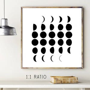 May include: A black and white printable art print featuring a geometric design of moon phases. The print has the text "1:1 RATIO" at the bottom.