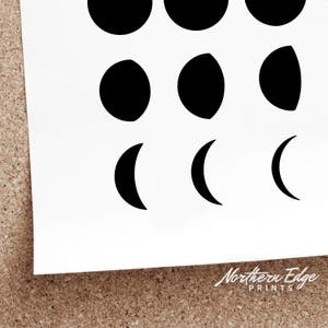 May include: A black and white illustration of the phases of the moon. The illustration shows the moon in various stages of its cycle, from a full moon to a crescent moon.