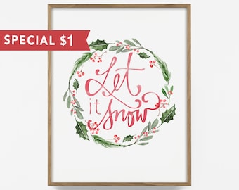 let it snow, christmas quote print, christmas decor, printable holiday wall art, christmas art print, christmas art sale, winter wall art