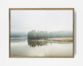 minimalist shore line print, forest fog print, cabin decor, lake print, nature landscape, printable arial, vintage lake print, printable art