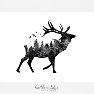 May include: Black and white silhouette of an elk with a forest scene inside its body. The elk is walking to the right and has large antlers. There are birds flying above the elk. The text "Northern Edge Prints" is at the bottom of the image.