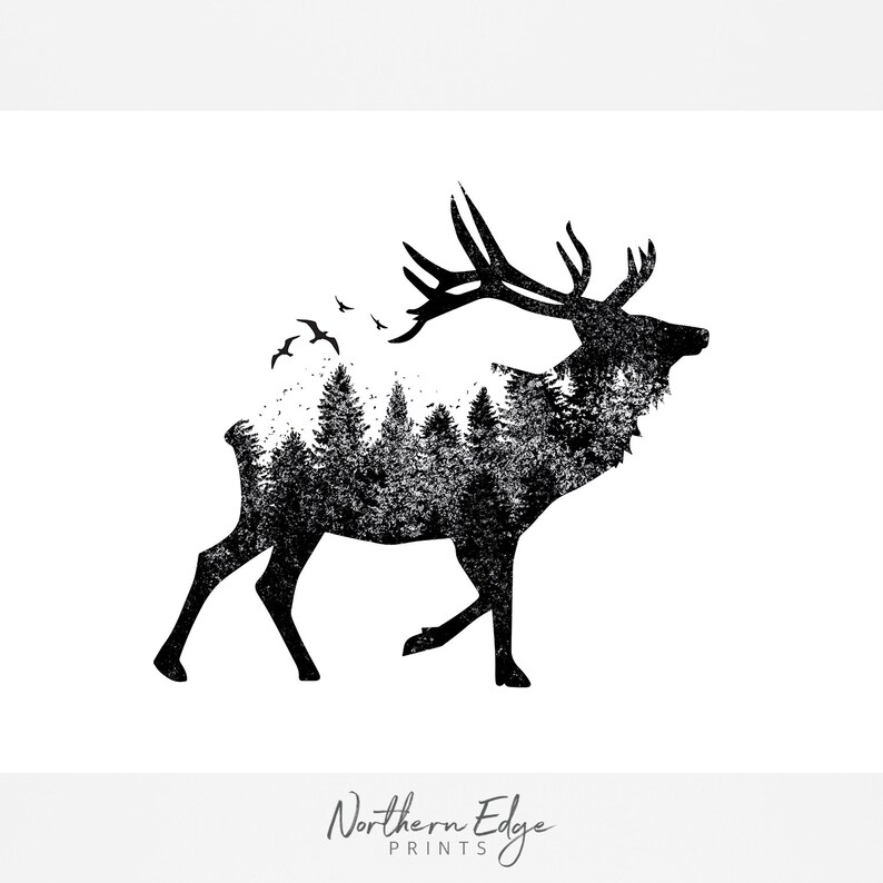 May include: Black and white silhouette of an elk with a forest scene inside its body. The elk is walking to the right and has large antlers. There are birds flying above the elk. The text "Northern Edge Prints" is at the bottom of the image.