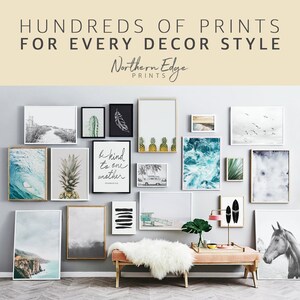 May include: A gallery wall with a variety of framed prints, including a pineapple, a wave, a cactus, a feather, a palm tree, a beach scene, and a quote that says "Be kind to one another". The wall is painted a light gray and the frames are all white. There is a pink bench in front of the wall with a white fur throw on top.
