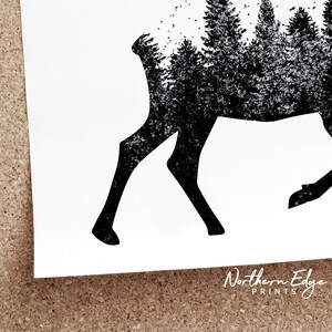 May include: Black and white silhouette of a moose with a forest inside its body. The moose is walking to the right. The image has a grunge texture.