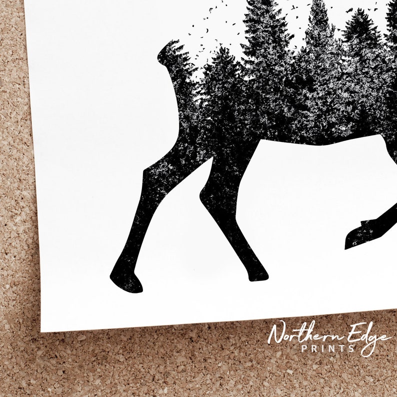 May include: Black and white silhouette of a moose with a forest inside its body. The moose is walking to the right. The image has a grunge texture.