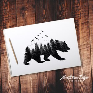 May include: Black and white silhouette of a bear with a forest inside its body. Birds fly above the bear. The image has the text "Northern Edge Prints" at the bottom.