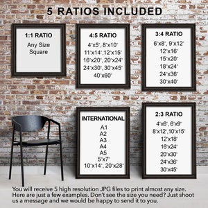 May include: Five framed images on a brick wall showing different aspect ratios for digital prints. The ratios are 1:1, 4:5, 3:4, 2:3, and International. Each ratio includes a list of common print sizes in inches.