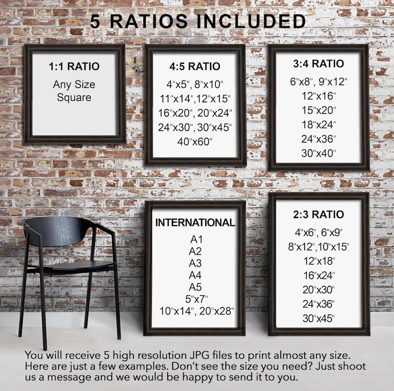May include: Five framed images on a brick wall showing different aspect ratios for digital prints. The ratios are 1:1, 4:5, 3:4, 2:3, and International. Each ratio includes a list of common print sizes in inches.
