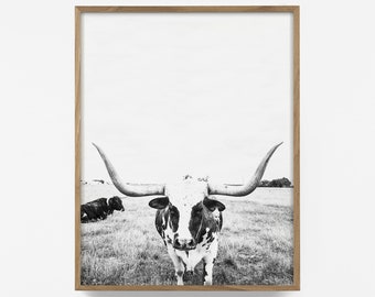 bw steer print, longhorn print, longhorn wall art, longhorn art, farmhouse print, cow print, steer print, steer wall art, bw country decor