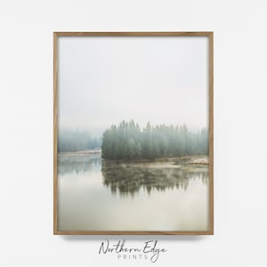 minimalist shore line print, forest fog print, cabin decor, lake print, nature landscape, printable arial, vintage lake print, printable art