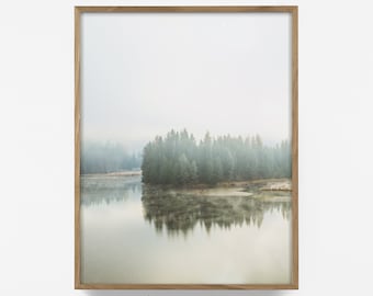 minimalist shore line print, forest fog print, cabin decor, lake print, nature landscape, printable arial, vintage lake print, printable art