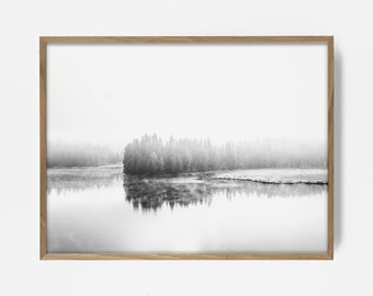 minimalist shore line print, forest fog print, lake print, nature landscape, printable arial, cabin decor, lake decor, lake house wall decor