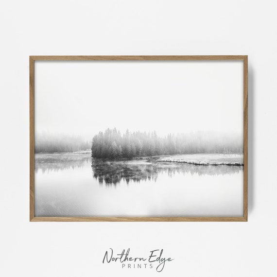 minimalist shore line print, forest fog print, lake print, nature landscape, printable arial, cabin decor, lake decor, lake house wall decor