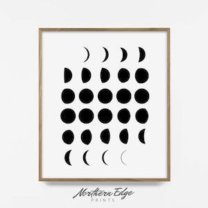 May include: A black and white illustration of the phases of the moon in a wooden frame. The moon phases are arranged in a grid pattern, starting with a new moon and ending with a full moon.