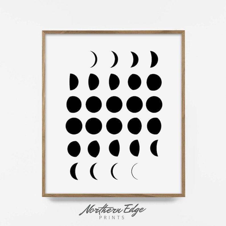May include: A black and white illustration of the phases of the moon in a wooden frame. The moon phases are arranged in a grid pattern, starting with a new moon and ending with a full moon.