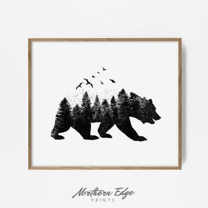 May include: Black and white illustration of a bear silhouette with a forest inside. Birds fly above the bear.