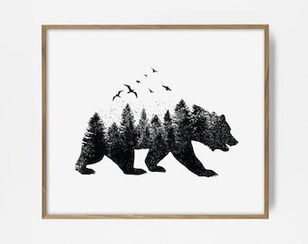 bear print, forest print, forest wall print, bear art, native print, native art, boho print, woodland art, woodland print, printable bear