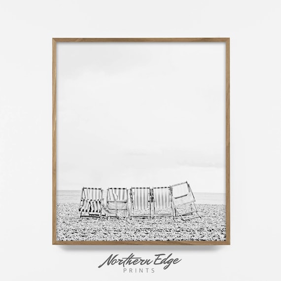 Bw Retro Strandstuhl Druck Vintage Strand Fotografie Bw Etsy