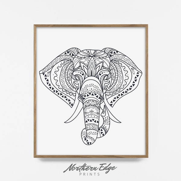 tribal print, elephant print, intricate elephant print, coloring page, henna art, indian elephant print, boho print, boho art, tribal art