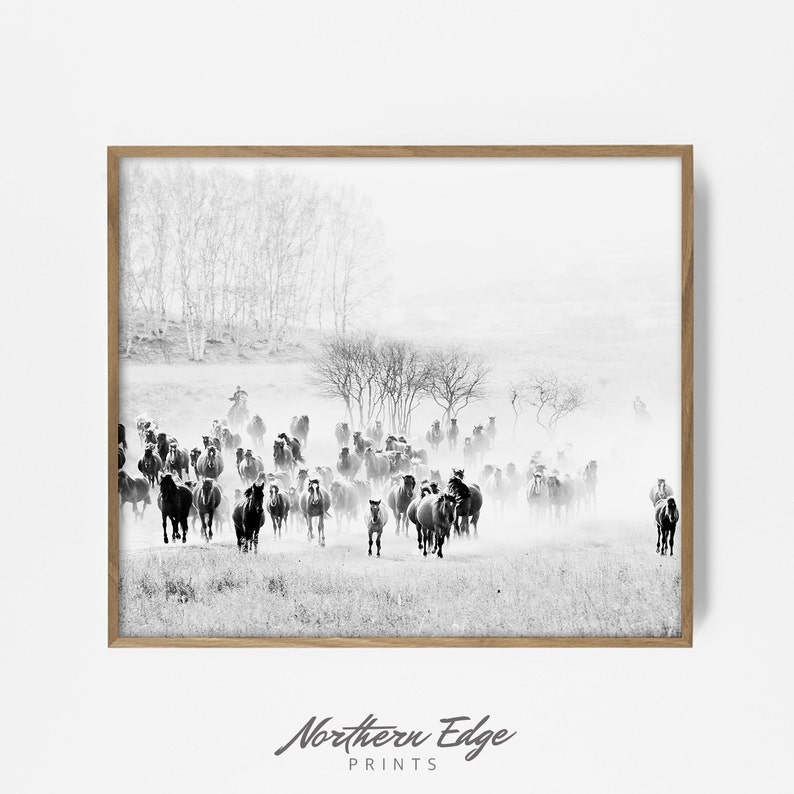 Pode incluir: Uma fotografia a preto e branco de um rebanho de cavalos a correr por um campo. Os cavalos est&atilde;o num borr&atilde;o de movimento, e o fundo &eacute; uma paisagem nebulosa e nebulosa.
