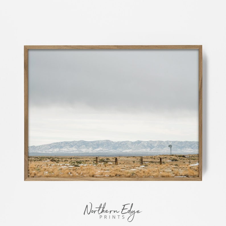 May include: A framed photograph of a distant mountain range with a single windmill in the foreground. The sky is a light gray with a few clouds. The ground is covered in dry grass and snow.