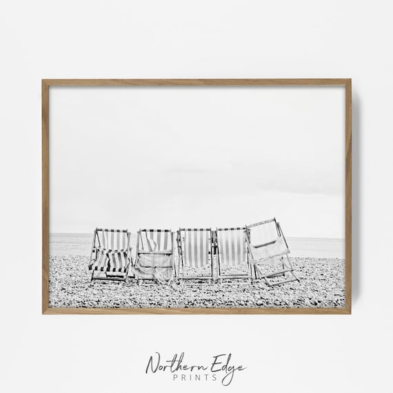 bw retro beach chair print, retro beach photography, bw vintage beach art, retro beach decor, vintage beach art, retro California artwork