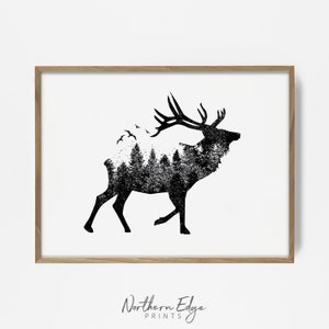 May include: Black and white illustration of an elk with a forest inside its silhouette. The elk is walking to the right and has large antlers. There are small birds flying above the elk.