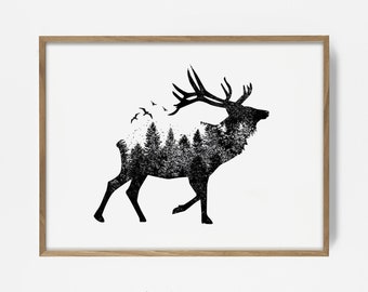 elk print, forest print, forest wall print, elk art, native print, native art, boho print, woodland art, woodland print, printable elk
