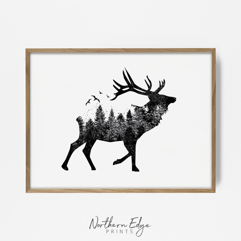 May include: Black and white illustration of an elk with a forest inside its silhouette. The elk is walking to the right and has large antlers. There are small birds flying above the elk.