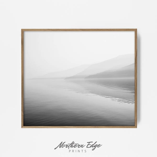 bw lake print, fog lake, black and white, minimalist art, wall art, modern print, printable wall decor, bw ocean, bw coast, coastal print