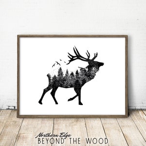 May include: Black and white illustration of an elk with a forest scene inside its silhouette. The text "Northern Edge Beyond The Wood" is below the image.