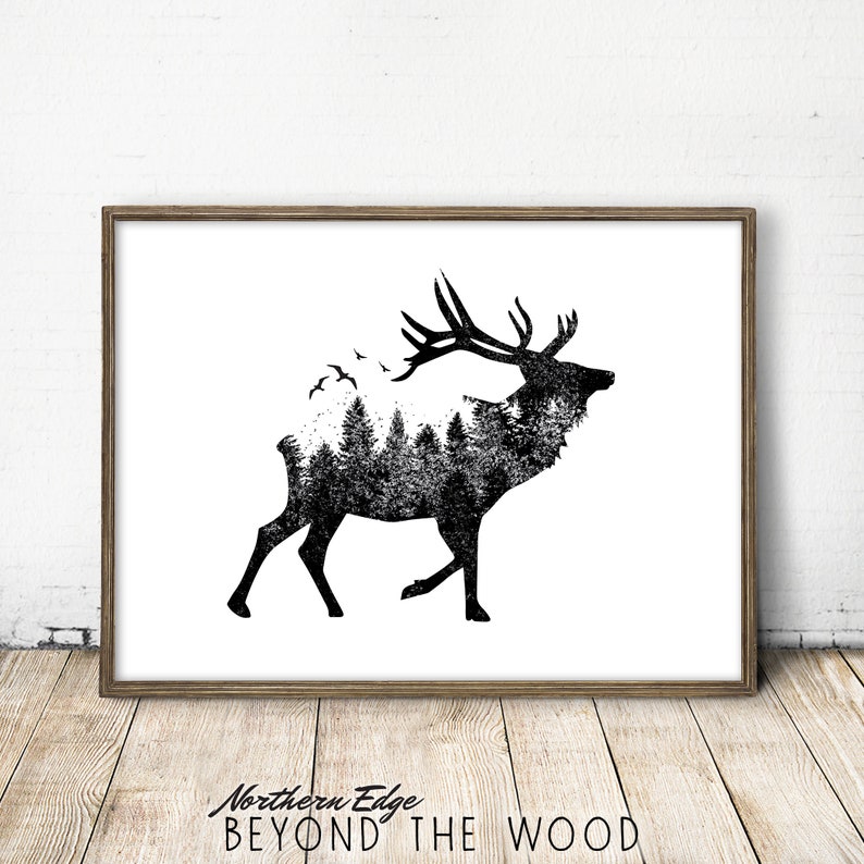 May include: Black and white illustration of an elk with a forest scene inside its silhouette. The text "Northern Edge Beyond The Wood" is below the image.
