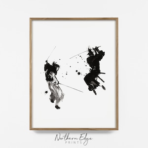 May include: Black and white ink illustration of two samurai warriors in combat. The warriors are depicted in a dynamic pose, with swords raised and a splash of ink behind them.