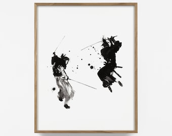 ink warriors, ninja print, samurai wall art, japanese character art, brush stroke, karate, oriental wall art, minimal ink art, chinese art