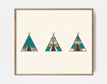 Teepee, Printable, Print, Children's, Room, Decor, Poster, Native, Summer, Cream, Turquoise, Forest, Bohemian, Indian, Art, Collage, Modern