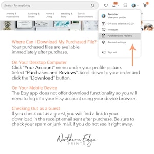 K&ouml;nnte beinhalten: Ein Screenshot eines Computerbildschirms mit Anweisungen zum Herunterladen gekaufter Dateien von Etsy. Die Anweisungen gelten sowohl f&uuml;r Desktop-Computer als auch f&uuml;r mobile Ger&auml;te. Der Text auf dem Bildschirm lautet: "Wo kann ich meine gekaufte Datei herunterladen? Ihre gekauften Dateien sind sofort nach dem Kauf verf&uuml;gbar. Auf Ihrem Desktop-Computer Klicken Sie auf das Men&uuml; "Ihr Konto" unter Ihrem Profilbild. W&auml;hlen Sie "K&auml;ufe und Bewertungen". Scrollen Sie nach unten zu Ihrer Bestellung und klicken Sie auf die Schaltfl&auml;che "Herunterladen". Auf Ihrem Mobilger&auml;t Die Etsy-App bietet keine Download-Funktionalit&auml;t, daher m&uuml;ssen Sie sich mit Ihrem Ger&auml;t-Browser in Ihrem Etsy-Konto anmelden. Als Gast auschecken Wenn Sie als Gast auschecken, finden Sie einen Link zu Ihrem Download in der Empfangs-E-Mail, die nach dem Kauf versandt wird. &Uuml;berpr&uuml;fen Sie Ihren Spam- oder Junk-Mail-Ordner, falls Sie ihn nicht sehen."