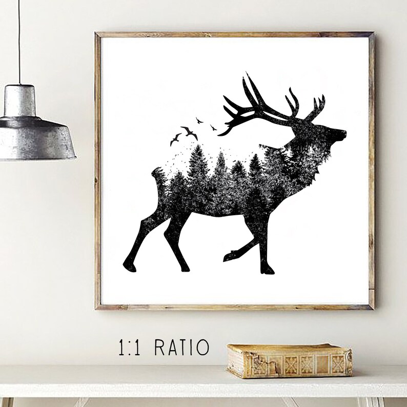 May include: Black and white illustration of an elk with a forest silhouette inside its body. The elk is walking to the right and has antlers. There are small birds flying above the elk.