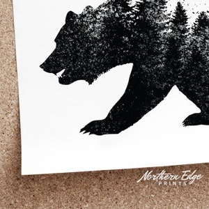May include: Black and white silhouette of a bear with a forest scene inside the silhouette. The image has a grunge texture. The text "Northern Edge Prints" is at the bottom of the image.