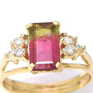 Ladies 14k yellow gold bi-color (watermelon) emerald cut tourmaline and diamond ring