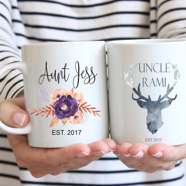 Pregnancy Announcement Mugs, Aunt Mug, Uncle Mug, Mug Set, Auntie Mug, Gift for Aunt, Gift for Uncle, Christmas Gift, Rustic, Woodland Mugs