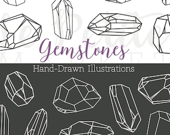 May include: A set of 14 hand-drawn illustrations of geometric gemstones. The gemstones are outlined in black and are arranged in two rows on a white background. The text "Gemstones" and "Hand-Drawn Illustrations" is included in the image.