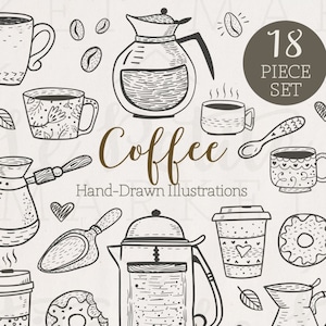 Puede incluir: Un conjunto de 18 ilustraciones dibujadas a mano de artículos relacionados con el café, que incluyen tazas, cafeteras, una prensa francesa, una pala, una dona y granos de café. Las ilustraciones son en blanco y negro y tienen un estilo vintage.