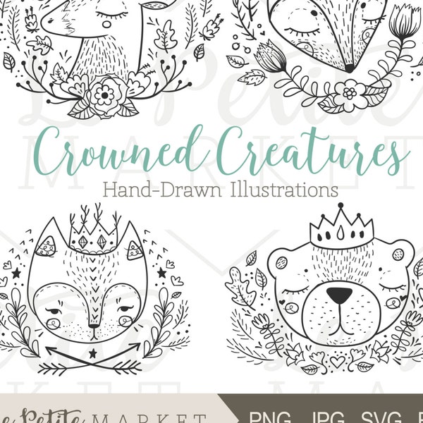 Forest Friends Clipart Images, Cute Woodland Animal Portraits, Animal Heads Clipart, Cute Bear Clipart, Cute Cat Portrait Clipart PNG, Fox