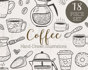 Sellos digitales de café, ilustraciones de cafeterías dibujadas a mano (PNG, JPG, EPS)