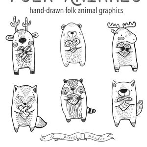 Folk Clipart Animals, Heart Clipart Vector Graphics, Deer Bear Moose Raccoon Fox Wolf, Forest Creature Clipart Clip Art, Folk Animal Clipart