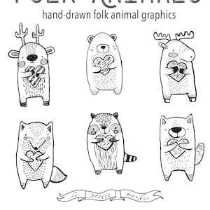 Può includere: Illustrazioni in bianco e nero di sei animali folkloristici che tengono cuori. Gli animali includono un cervo, un orso, un alce, una volpe, un procione e un gatto. Il testo "FOLK ANIMALS" e "hand-drawn folk animal graphics" è sopra gli animali. Il testo "to petite market" è sotto gli animali.