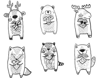 Folk Clipart Animals, Heart Clipart Vector Graphics, Deer Bear Moose Raccoon Fox Wolf, Forest Creature Clipart Clip Art, Folk Animal Clipart