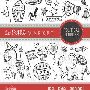 Schattig politiek Clip Art Set, politieke Doodle illustraties, SVG Clipart, stemming Clipart verkiezing Clipart Set politiek digitale stempel olifant Donkey